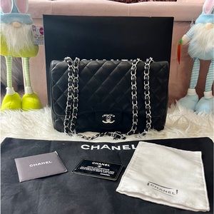 Retails $11,000 Chanel Classic Jumbo Single Flap SHW Silver hardware Caviar